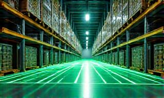 Futuristic UK warehouse with data overlays